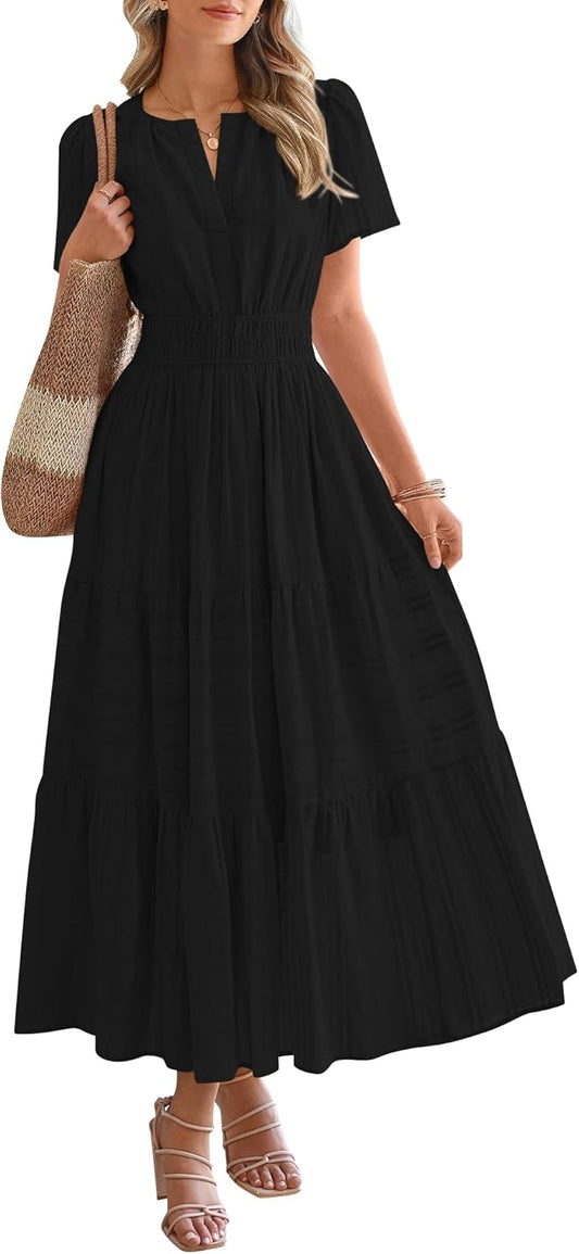HOT SALE Womens Summer Lightweight Short Sleeve V Casual Midi Maxi Dresses