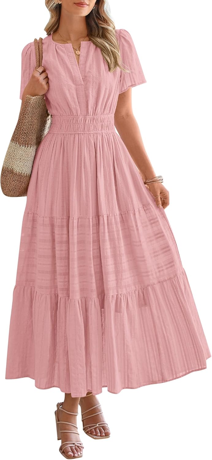 HOT SALE Womens Summer Lightweight Short Sleeve V Casual Midi Maxi Dresses