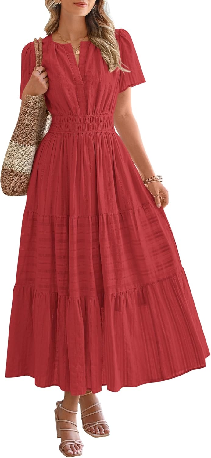 HOT SALE Womens Summer Lightweight Short Sleeve V Casual Midi Maxi Dresses
