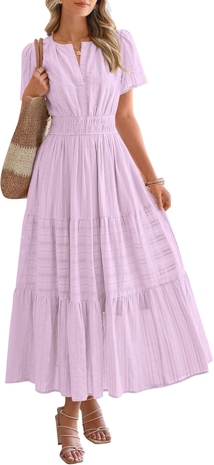 HOT SALE Womens Summer Lightweight Short Sleeve V Casual Midi Maxi Dresses