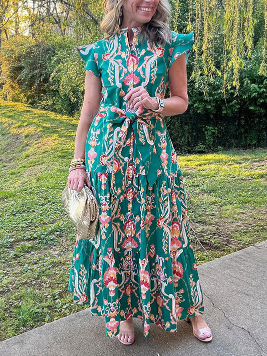 NEW🔥 Ruffle Button Tie Waist Printed Dress- Tax Free