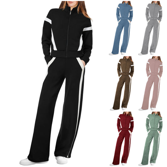 NEW 🔥 Women's Cotton Two-Piece Pinstripe Outfits Sweatshirt Wide Leg Sweatpants Casual Set